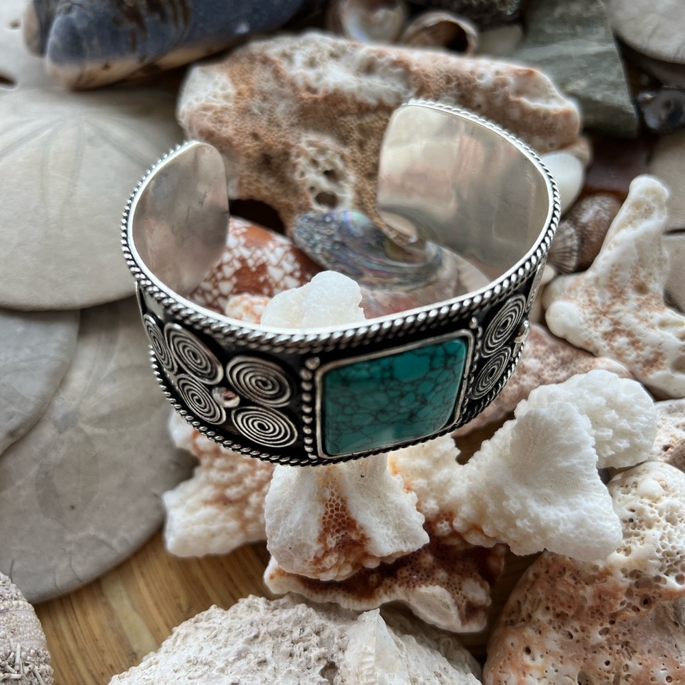 New Faux Turquoise Stone Silver Toned  Brass cuff bracelet womens boho western - Picture 3 of 5